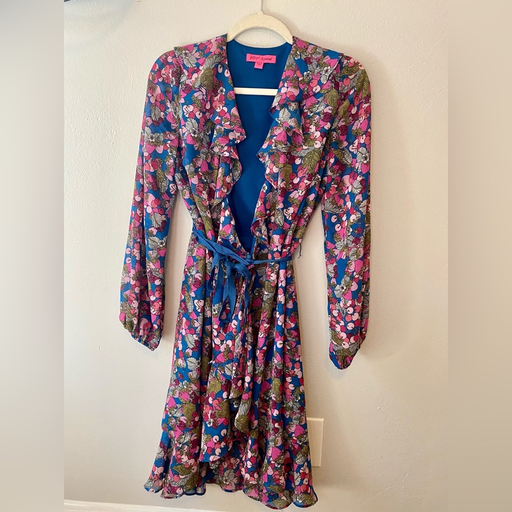 Beautiful wrap Betsy Johnson dress with strawberry and cherry design.